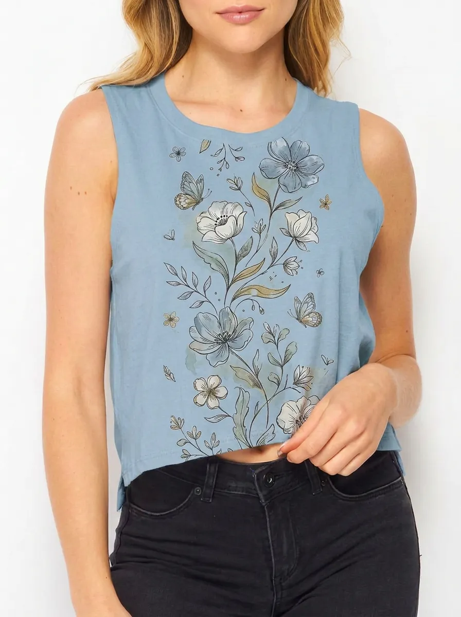 Women's Botanical Nature Lover Butterfly Floral Printed Tank Top