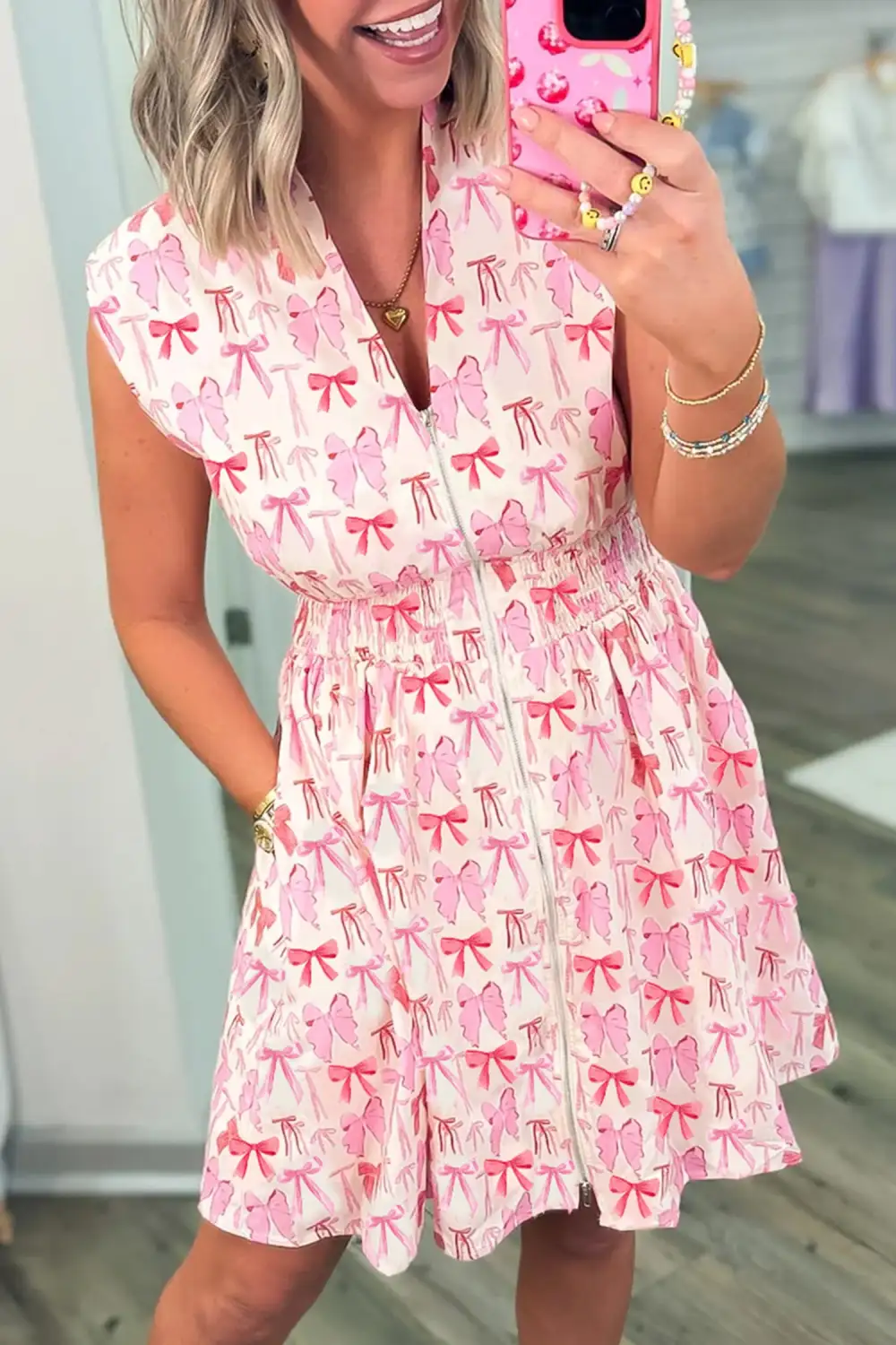 Full Zip Cinched Waist Sleeveless Bow Mini Dress