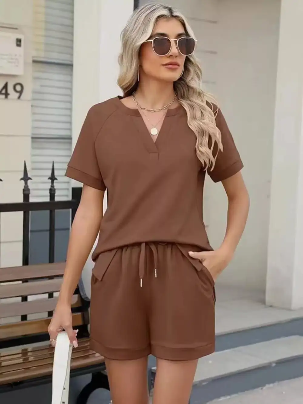 Short Sleeve Top Shorts Two Piece Set