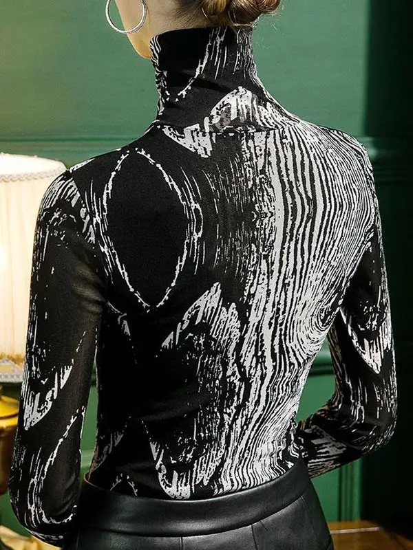 Fit Print High Neck Long Sleeve Slim T-Shirt