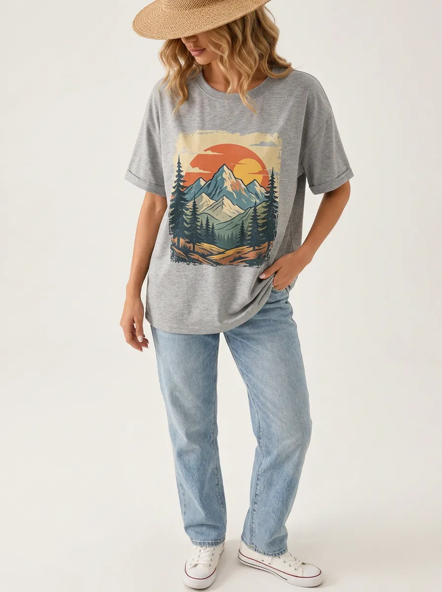 Women's Vintage Pine Mountain Sunset Printed T-Shirt
