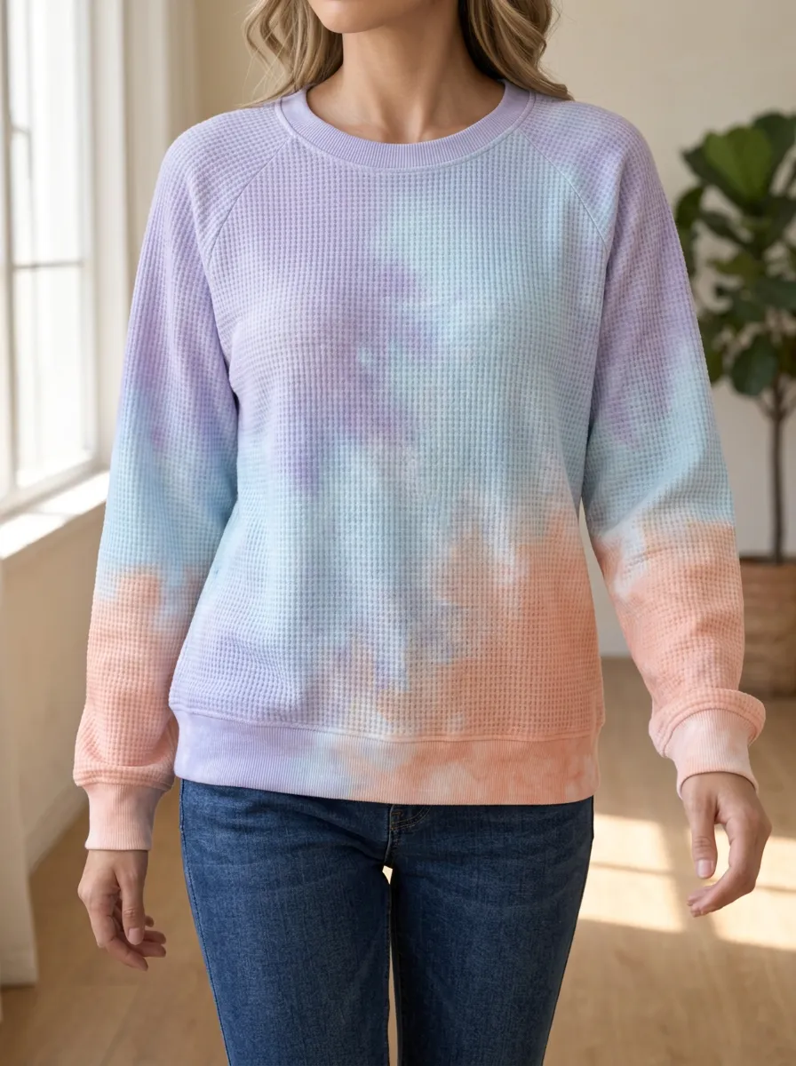 Women's Pastel Tie Dye Waffle Knit Everyday Crewneck Sweatshirt