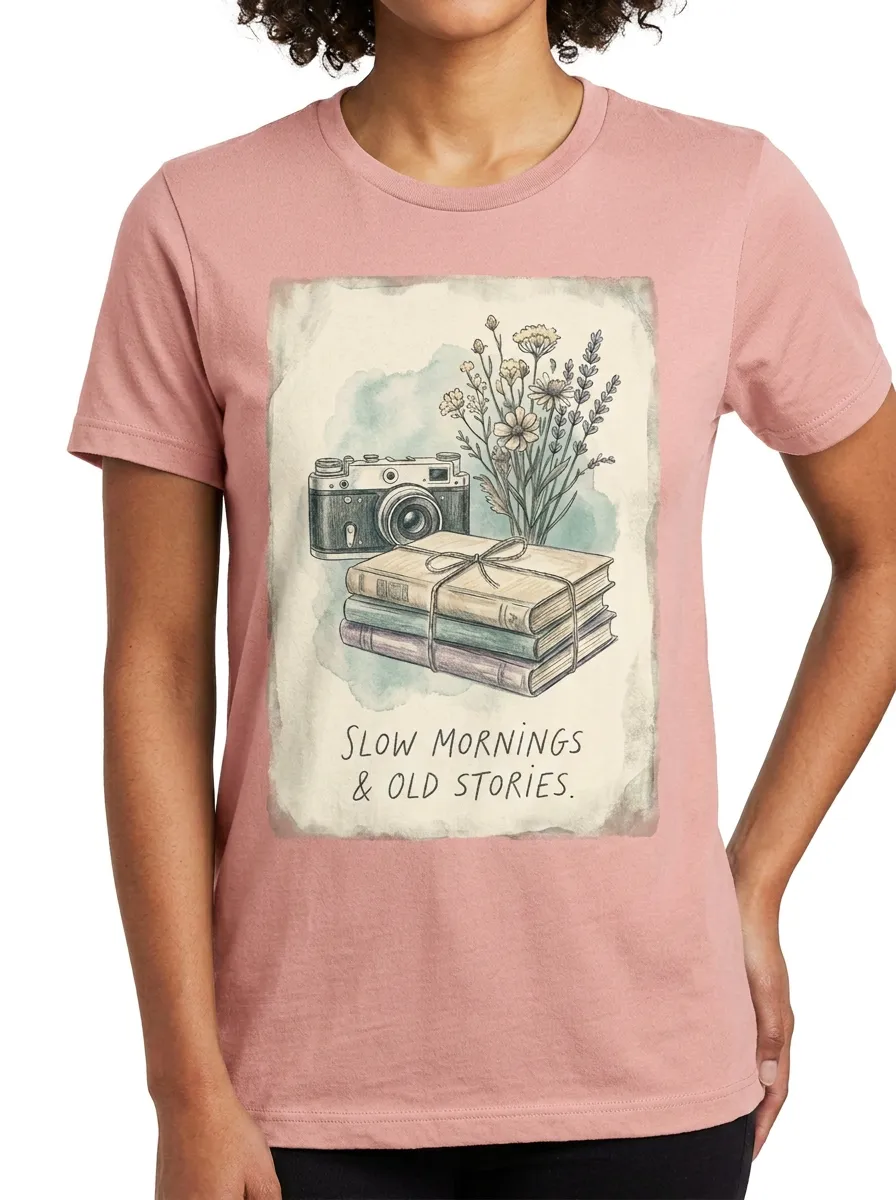 Women's Book Lover Vintage Camera Flower Printed T-shirt
