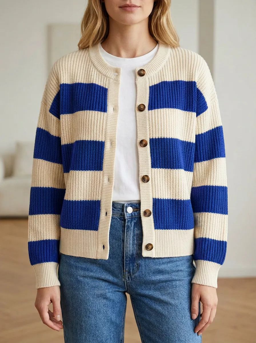 Relaxed Layered Rugby Striped Knit Cardigan