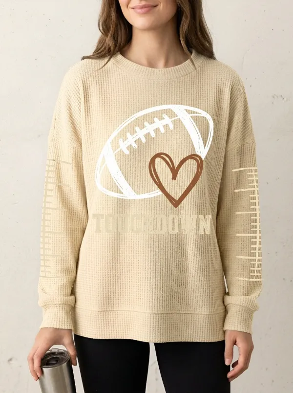 Women's Football Lover Touchdown Heart Sleeve Printed Waffle Sweatshirt