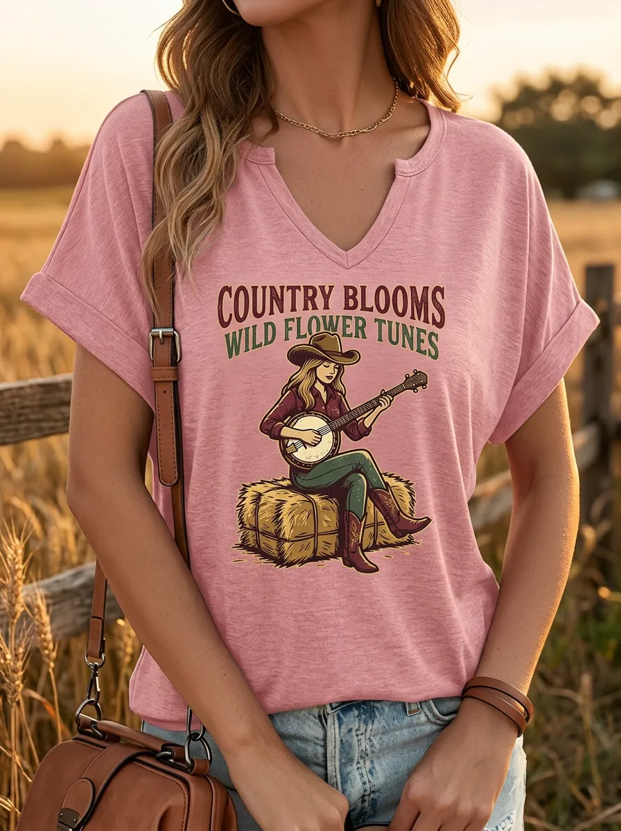 Western Banjo Cowgirl Custom Country Music V-Neck T-Shirt