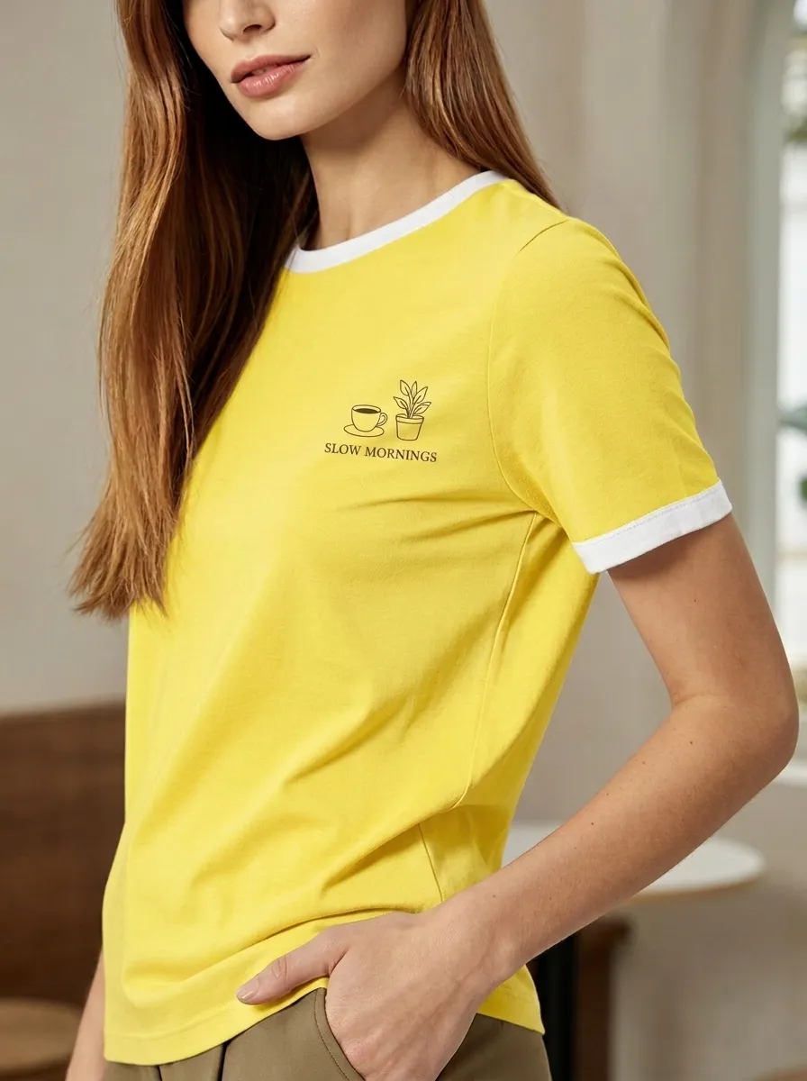 Women's Coffee Plant Lover Slow Mornings Printed T-shirt