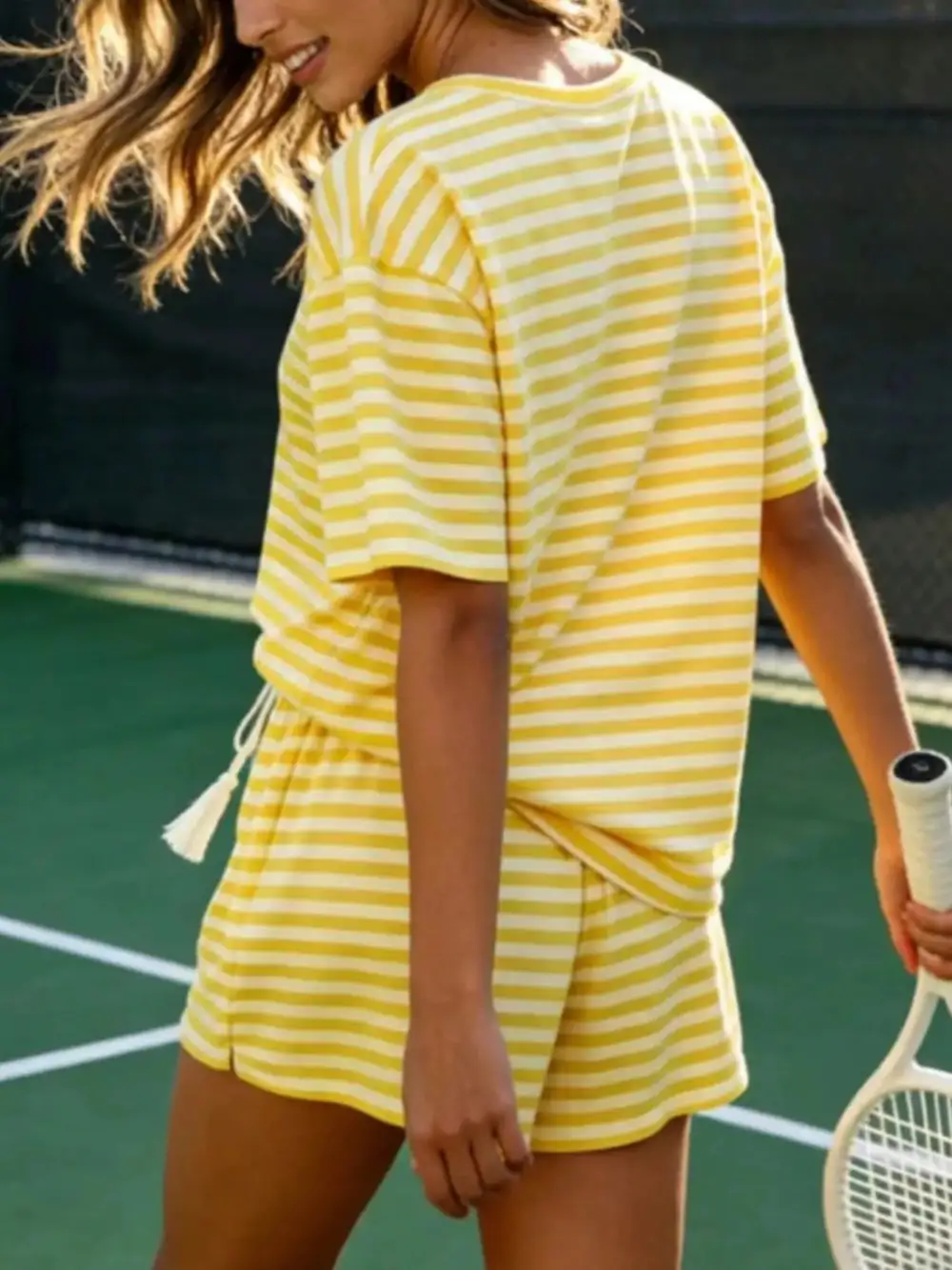 Striped Short Sleeve Tee Drawstring Shorts Set
