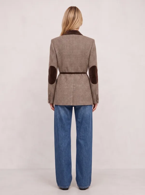 Women's Vintage Style Brown Plaid Velvet Trimmed Blazer Jacket