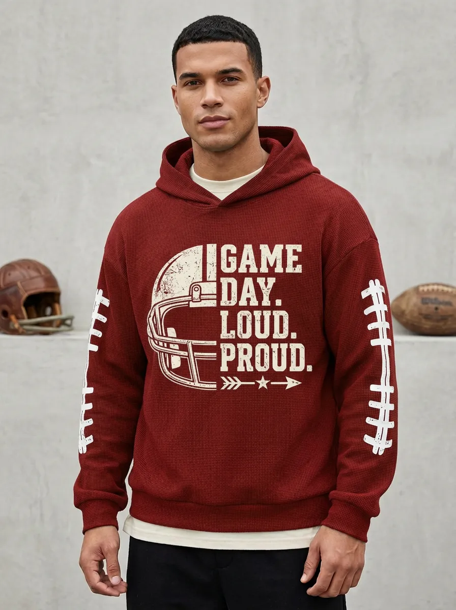 Men's American Football Game Day Helmet Printed Waffle Hoodie