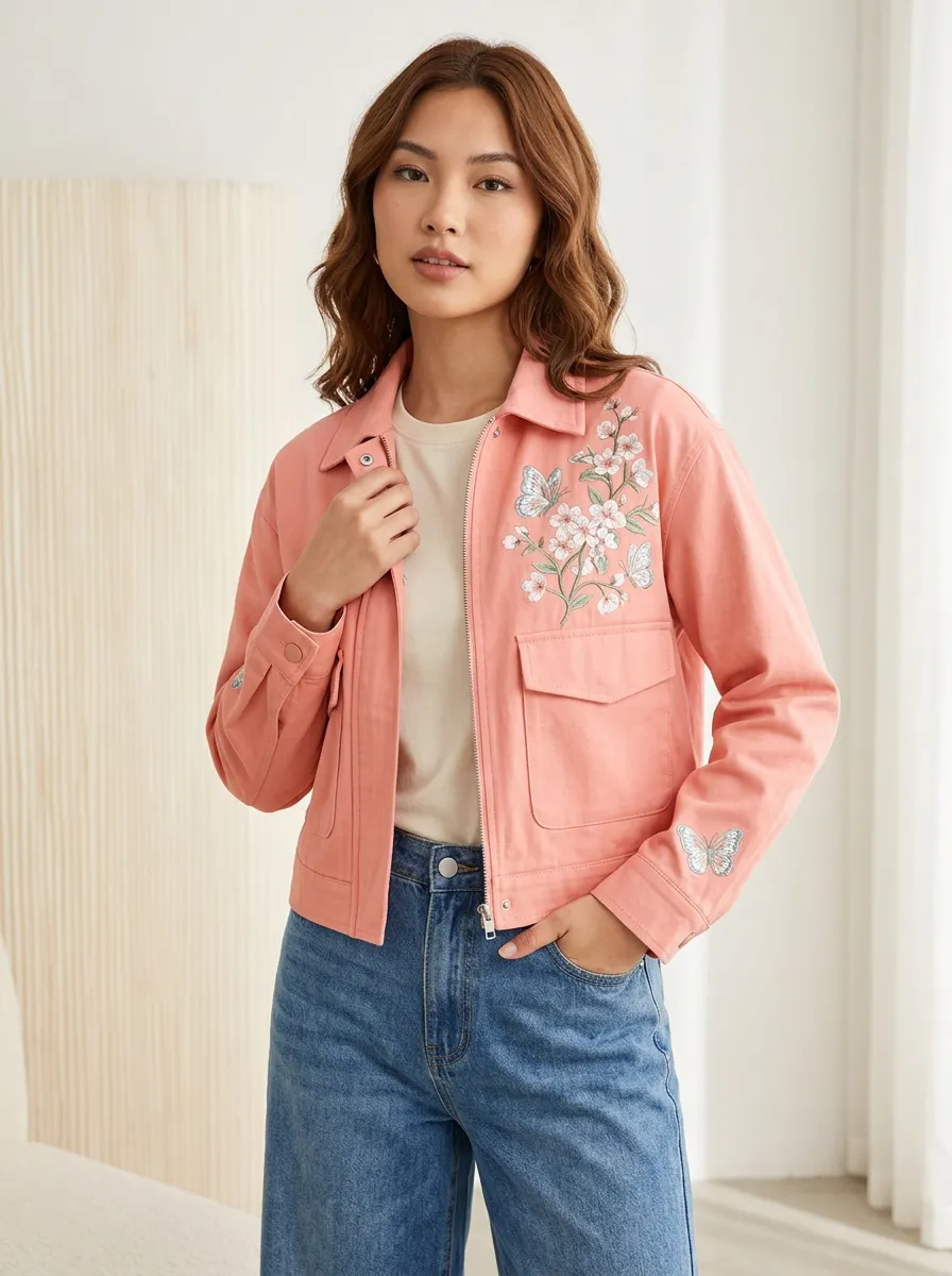Women's Pink Floral Butterfly Embroidered Printed Jacket