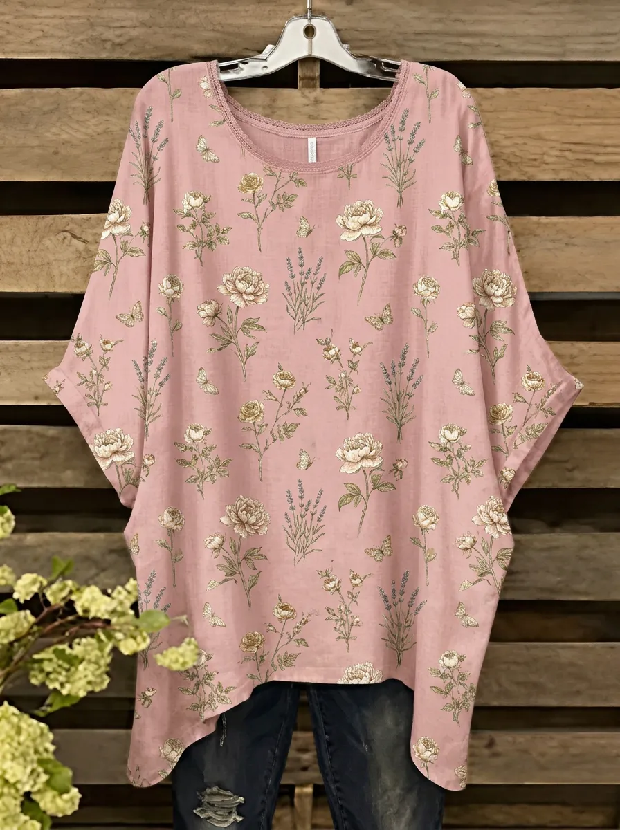 Butterfly Floral Nature Women's Loose Printed T-Shirt