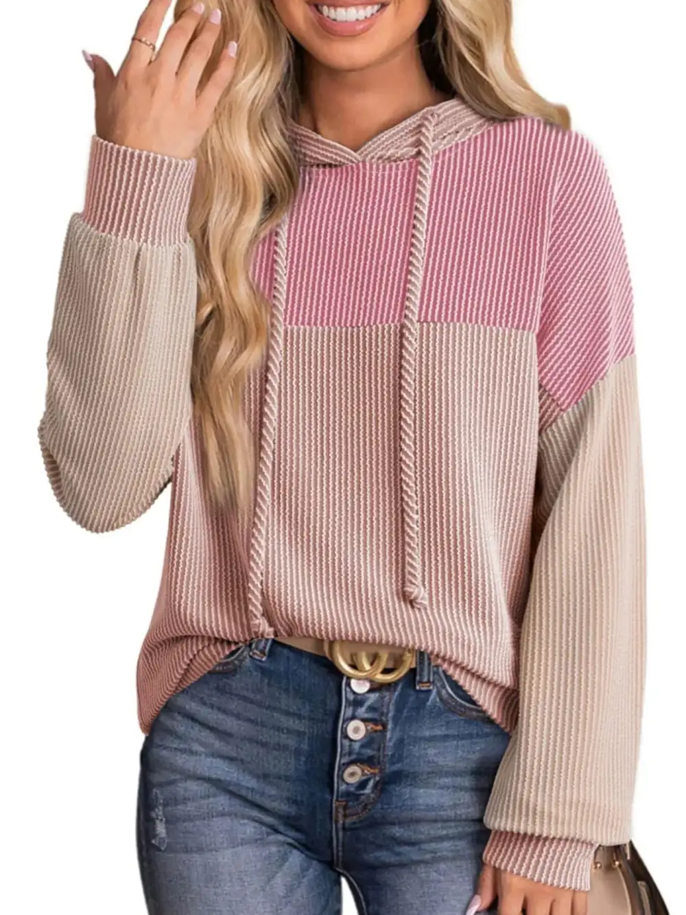 Relaxed Drawstring Long-Sleeve Colorblock Hoodie