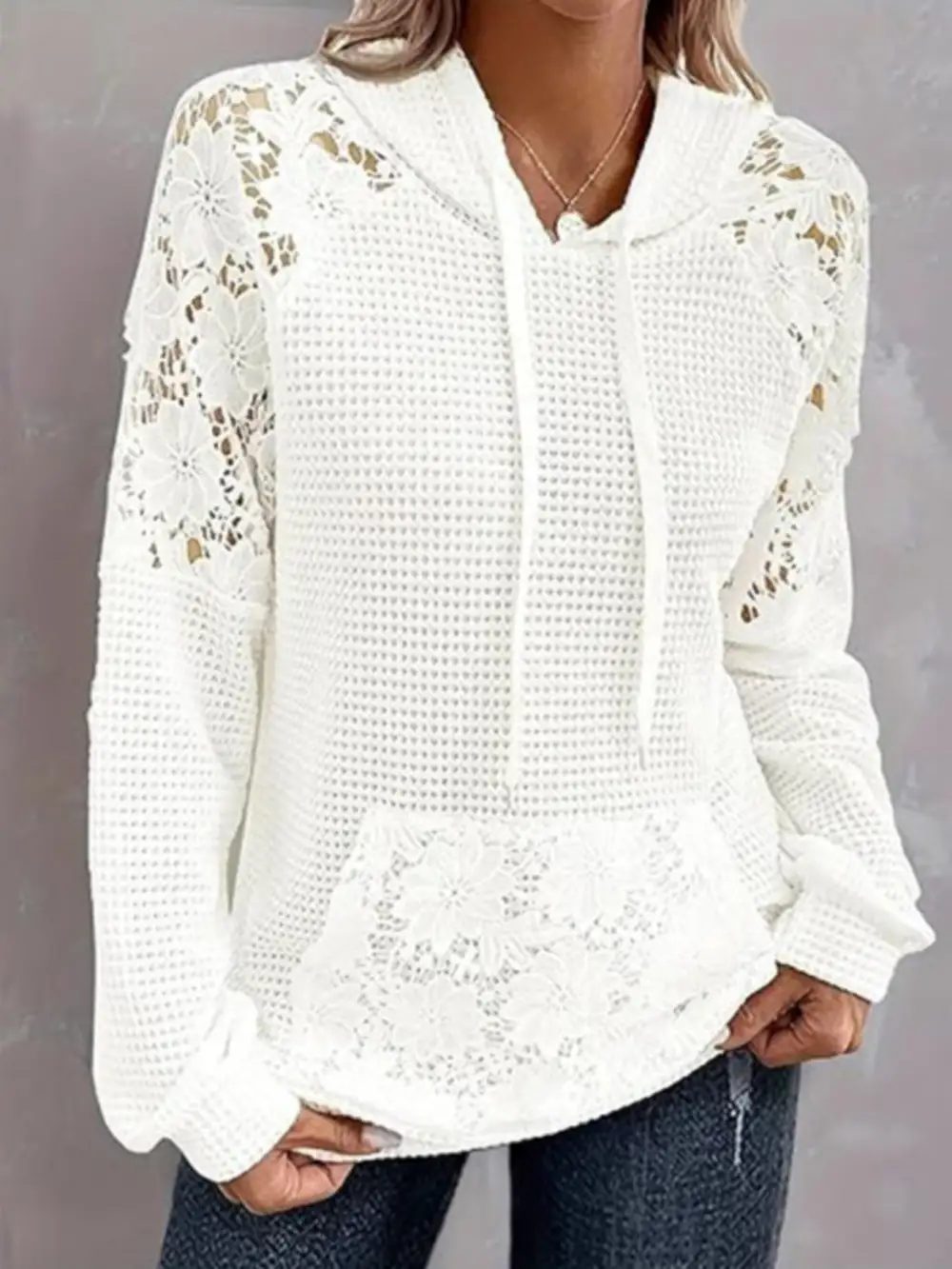 Refined Drawstring Pocketed Waffle-Textured Knit Hoodie