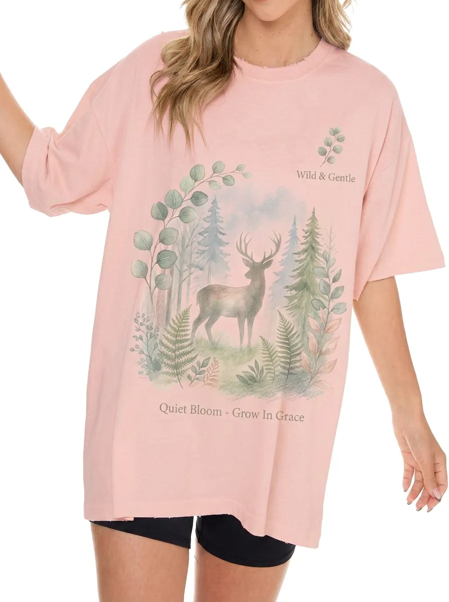 Women's Nature Lover Deer Forest Watercolor Printed T-shirt
