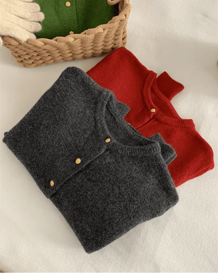 Classic Wool Button-Front Round-Neck Cardigan