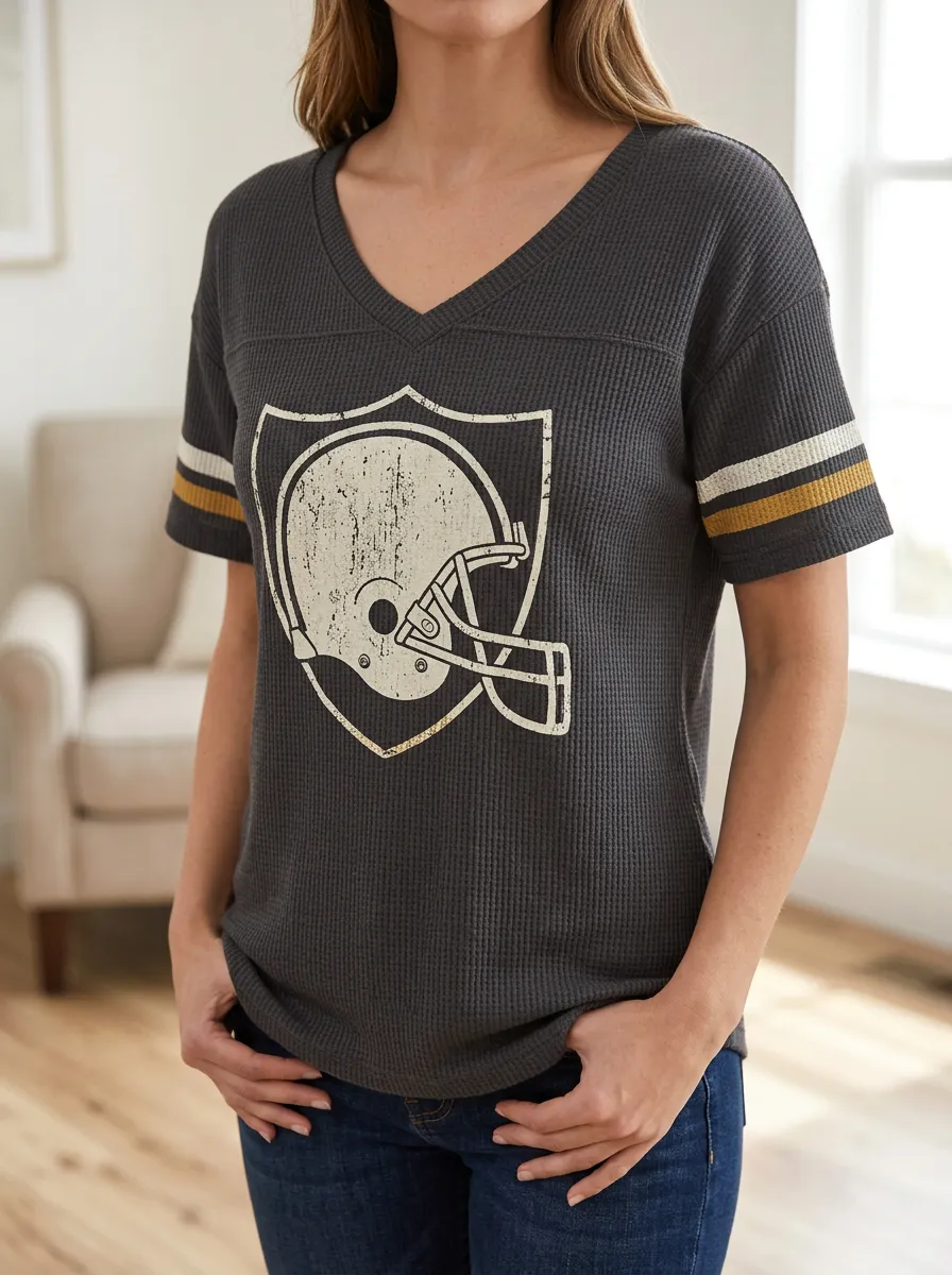 Women's Game Day Football Fan Distressed Helmet Printed Waffle Top