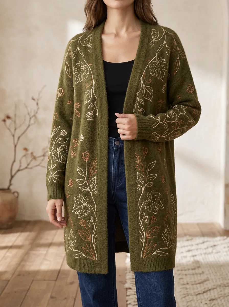 Women's Botanical Nature Lover Floral Embroidered Printed Ribbed Trim Relaxed Layering Cardigan