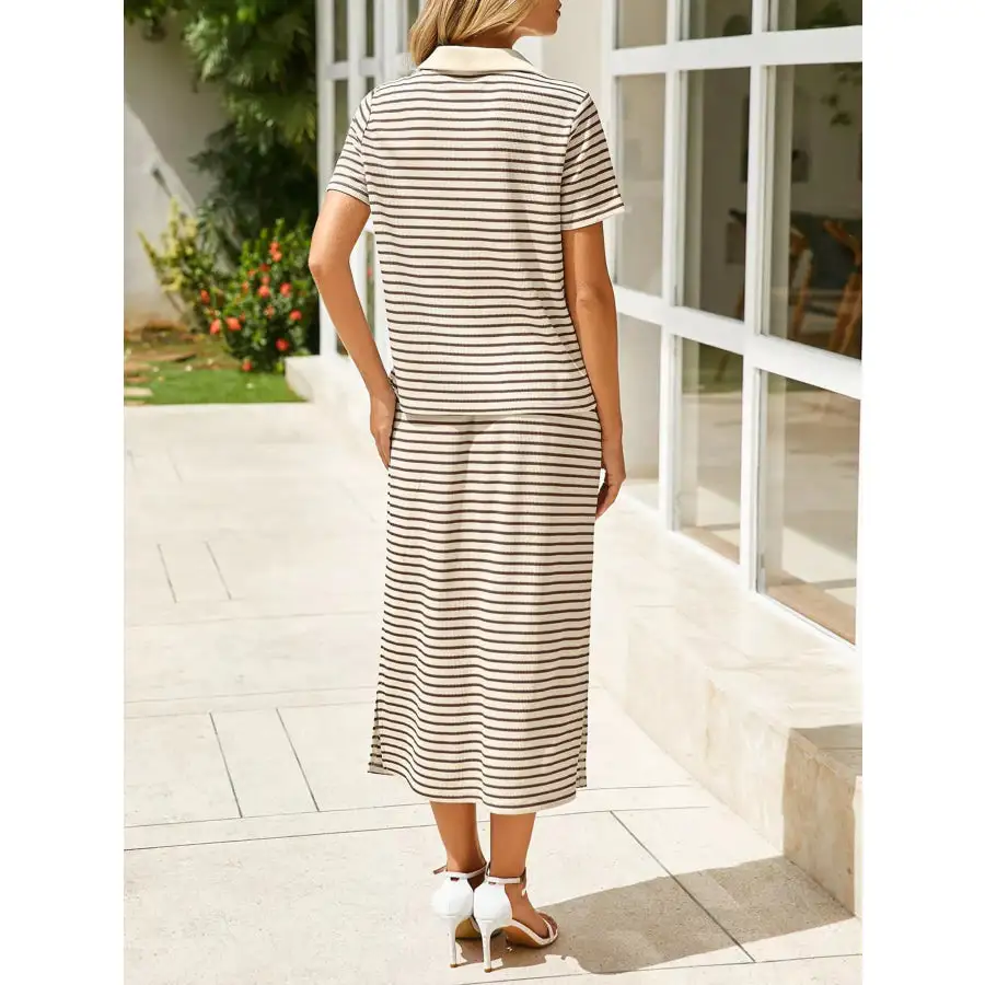 Modern Striped Polo Collar Top And Slit Skirt Two-Piece