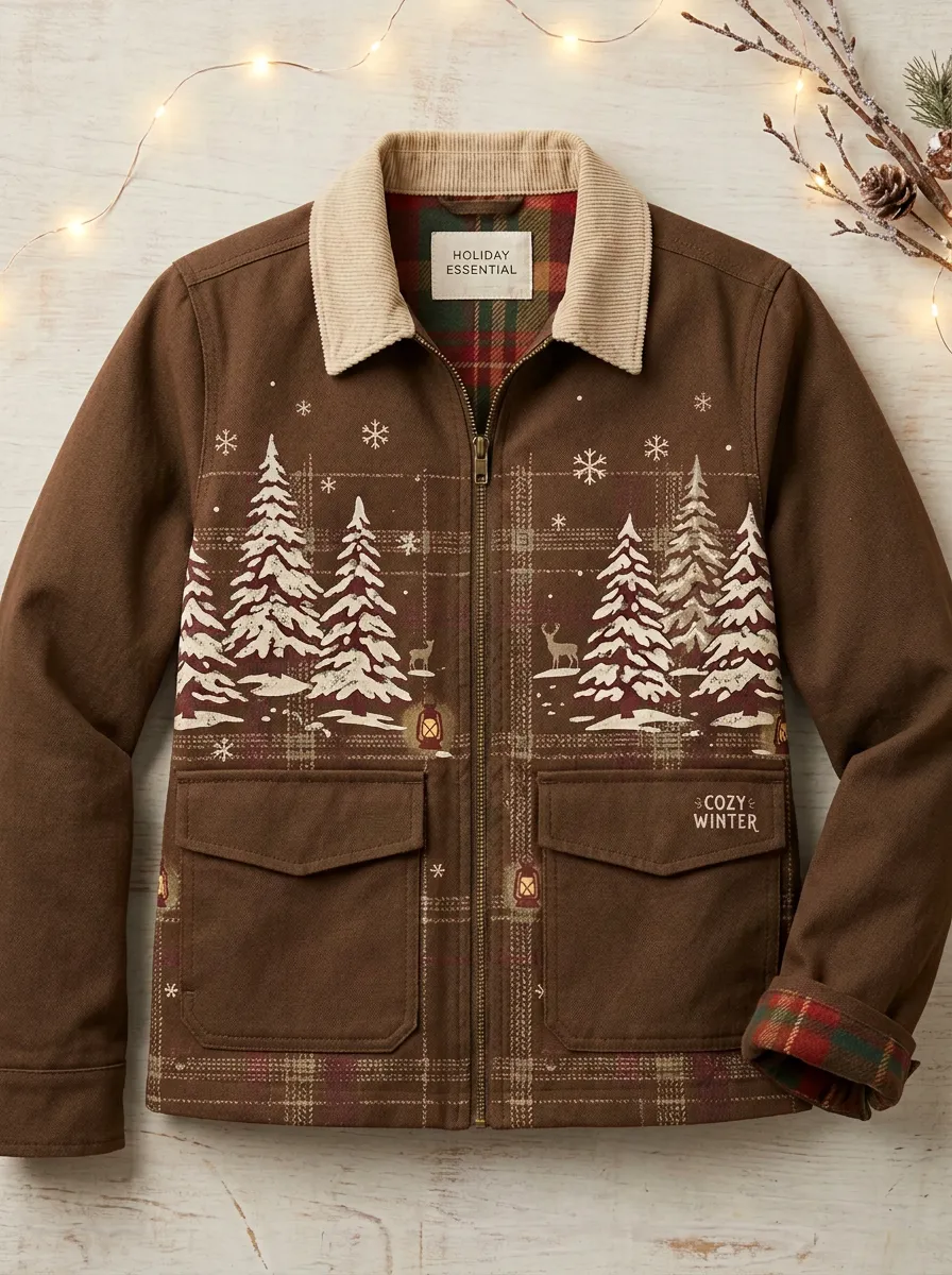 Unisex Christmas Holiday Forest Deer Print Zip-up Jacket