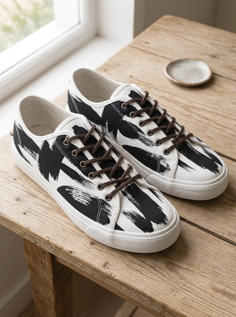 Men's Abstract Art Black Brush Stroke Printed Canvas Shoes