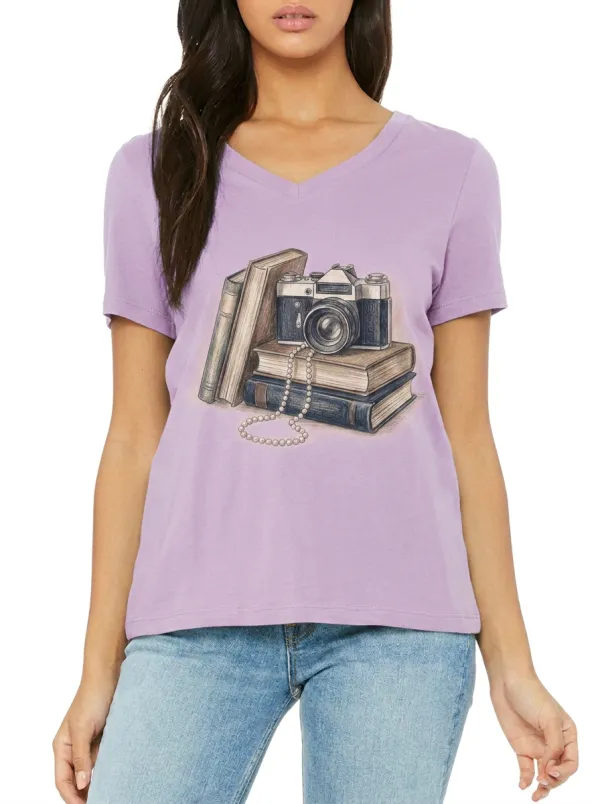 Women's Photography Book Lover Vintage Camera Printed V-neck T-shirt