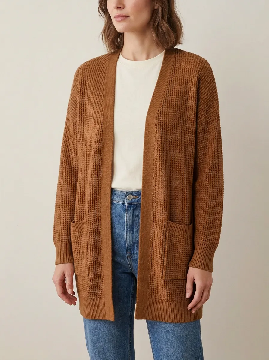 Rustic Waffle-Knit Knit Cardigan