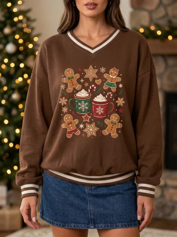 Christmas Gingerbread Cocoa Print Sweatshirt