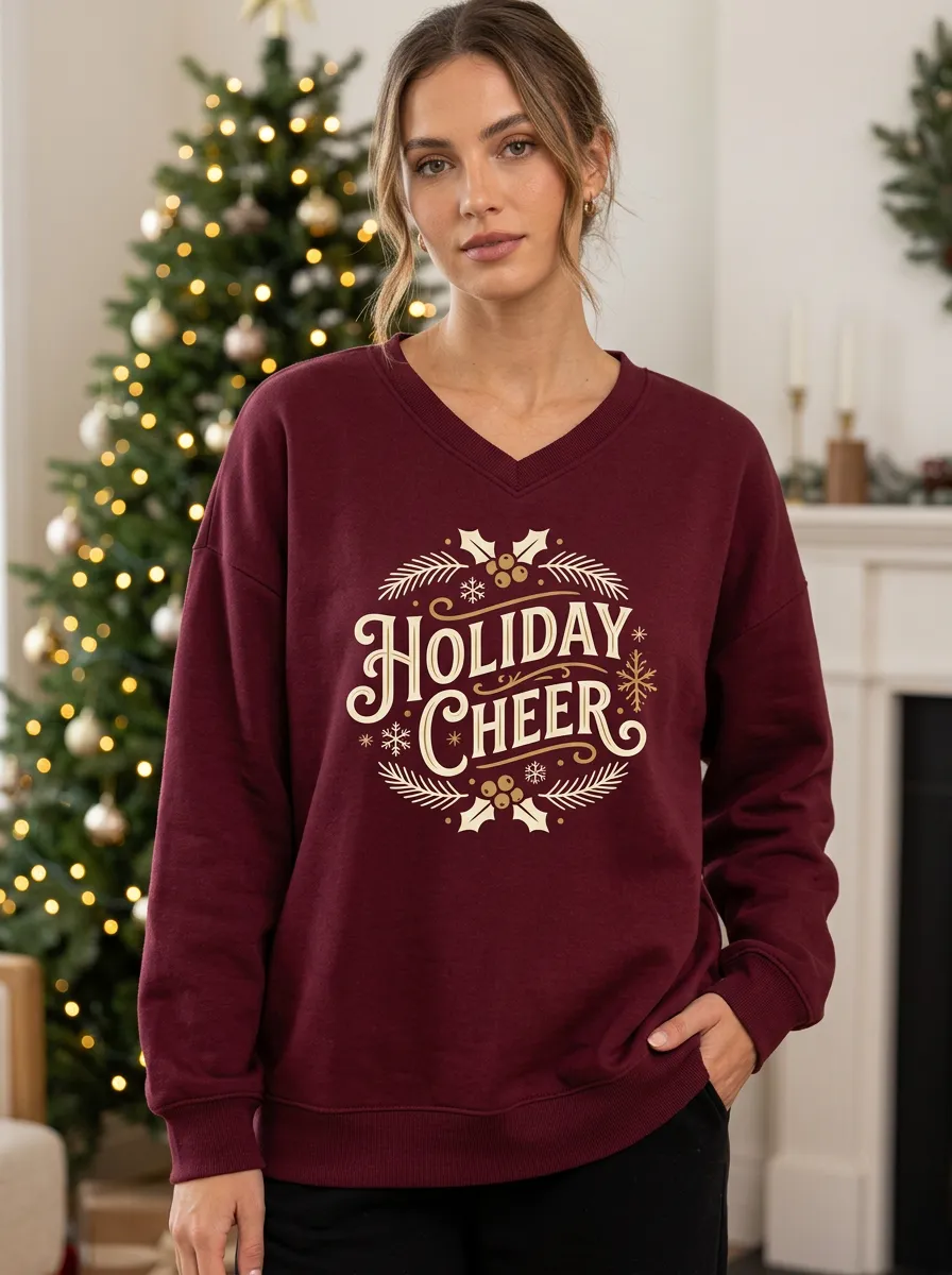 Christmas Holiday Cheer Holly Snowflake Print Sweatshirt