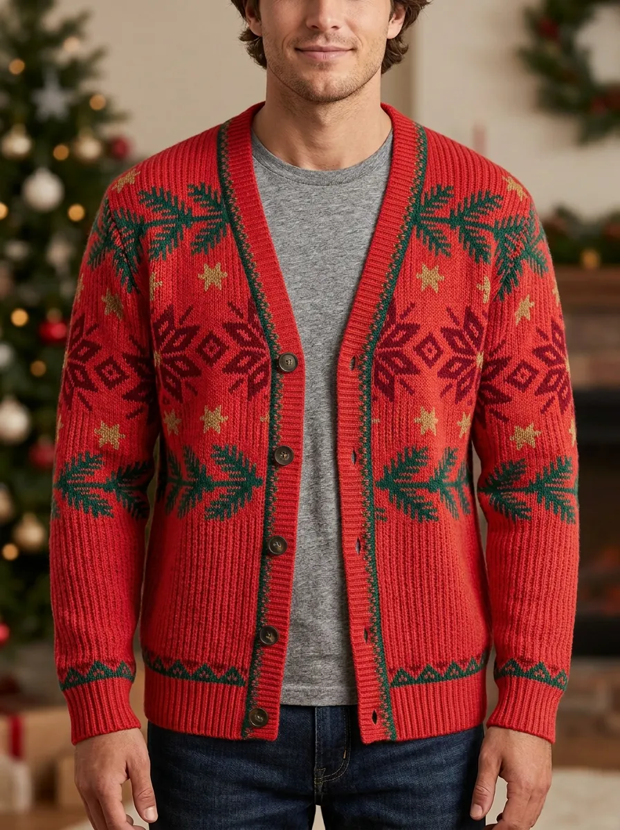 Snowflake Pine Tree V Neck Cardigan