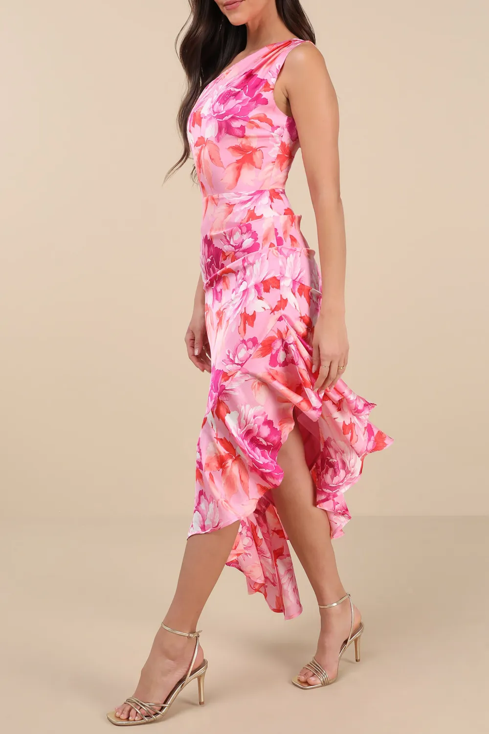 Casual Style Multi Floral One-Shoulder Midi Dress