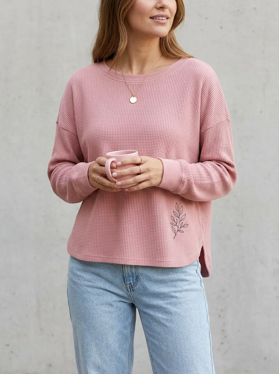 Women's Minimalist Botanical Leaf Printed Waffle Knit Sweatshirt