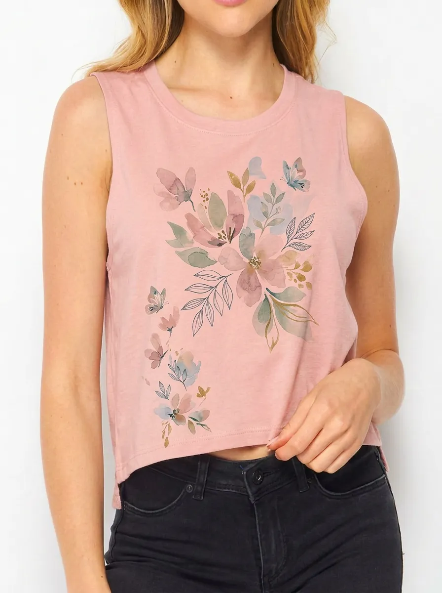 Women's Floral Butterfly Nature Lover Watercolor Printed Tank Top