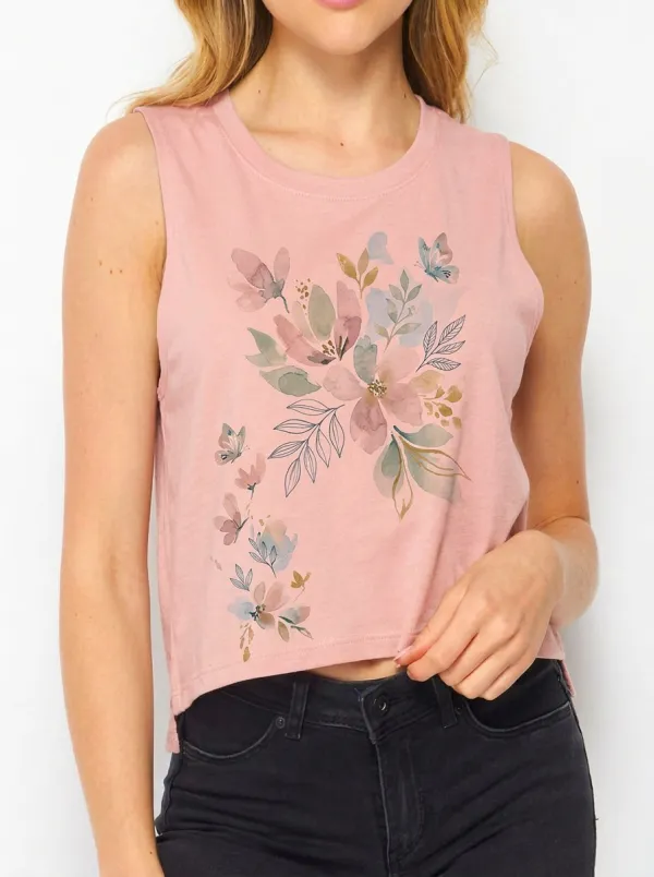 Women's Floral Butterfly Nature Lover Watercolor Printed Tank Top