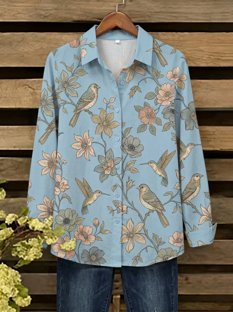 Bird Floral Nature Women's Loose Printed Shirt