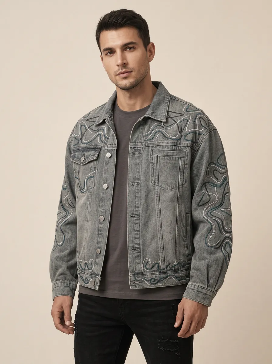 Men's Abstract Embroidered Patterned Denim Jacket