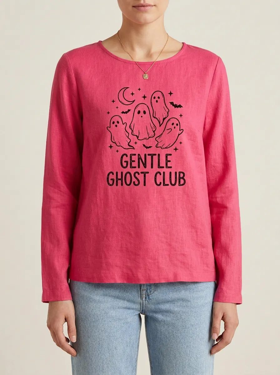 Cute-Spooky Ghost Ghost-Club Halloween Cotton Linen Long Sleeve Top