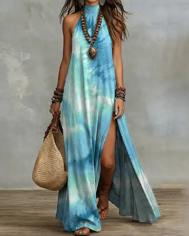 Boho Halter Neck High Slit Maxi Dress