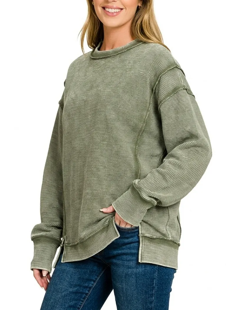 Relaxed Acid Washed Double Ribbed Exposed-Seam Sweatshirt
