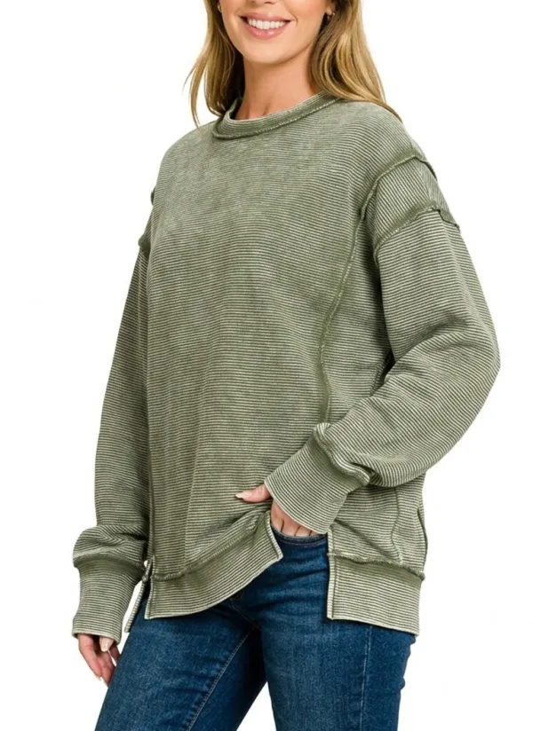 Relaxed Acid Washed Double Ribbed Exposed-Seam Sweatshirt