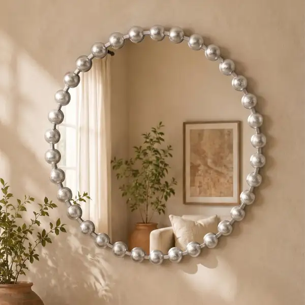 Beaded Metal Round Wall Mirror