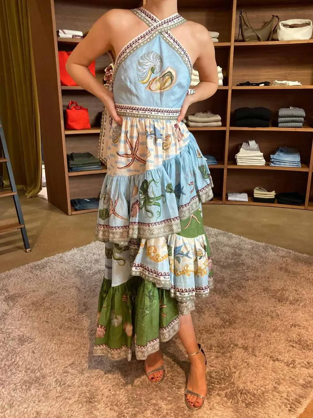 Deep Sea Floral Print Tiered Irregular Midi Dress