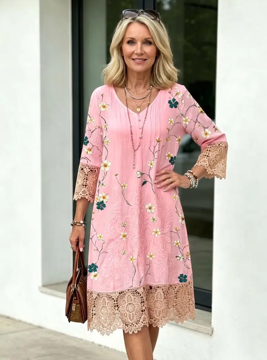 Women's Summer Vacation Floral Embroidery Lace Trim Printed Dress