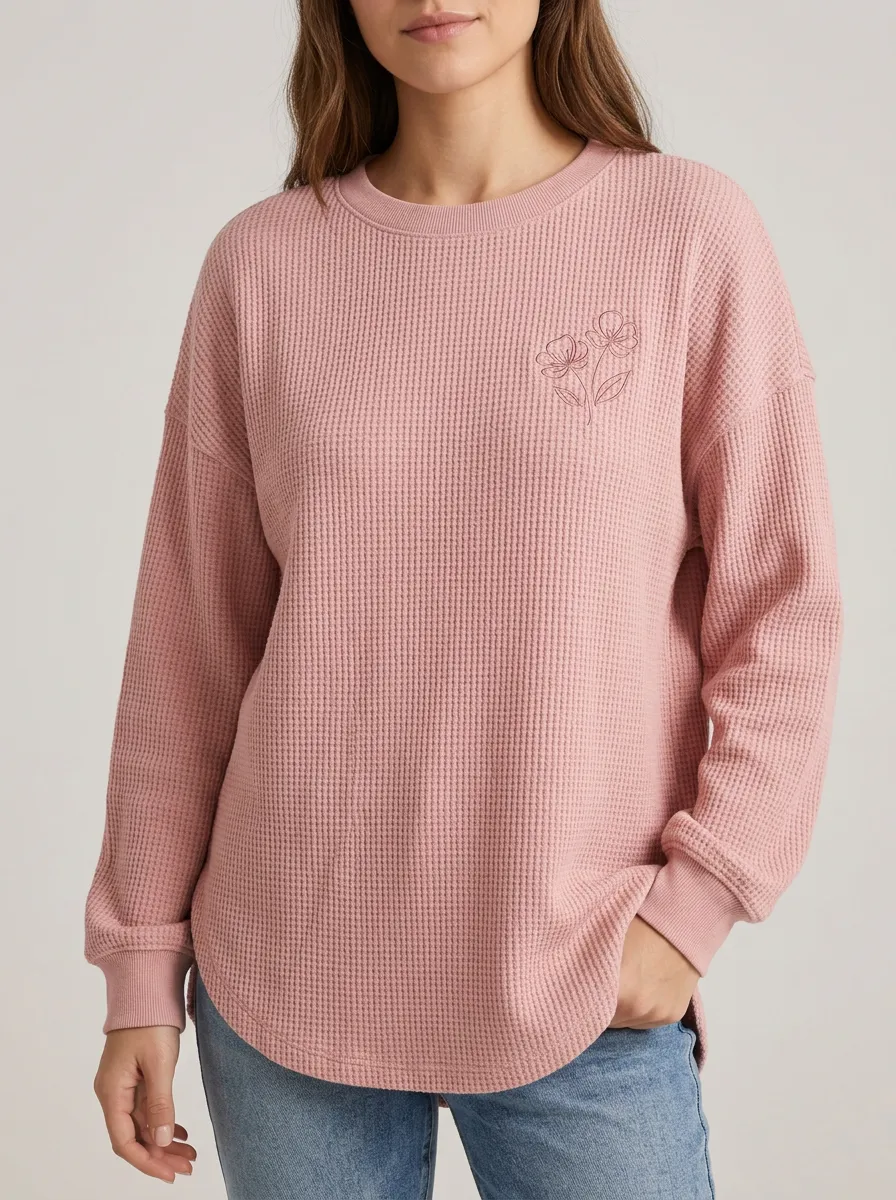 Women's Floral Minimalist Pink Waffle Knit Printed Top
