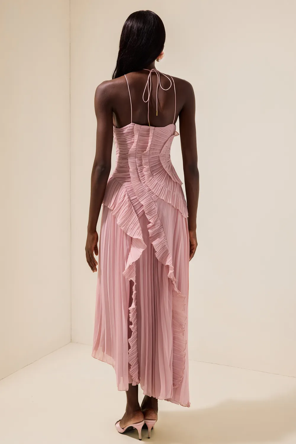 Pleated Frill Halter Neck Midi Dress