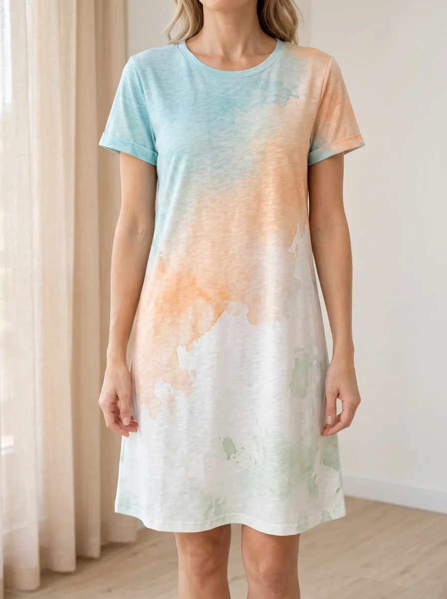 Women's Crew Neck Watercolor Print T-Shirt Dress