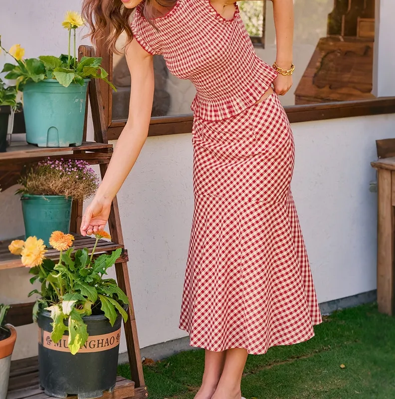 Red Plaid Mermaid Midi Skirt