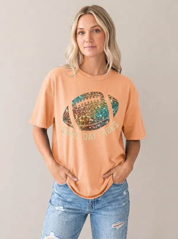 Women's Fieldhouse Inspired Football Ball Sparkle Crew Neck Graphic T-Shirt