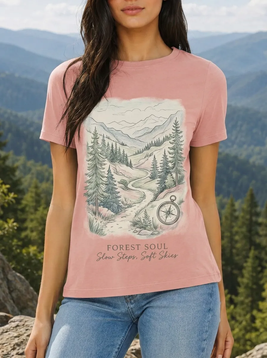 Women's Nature Lover Forest Compass Mountain Printed T-shirt