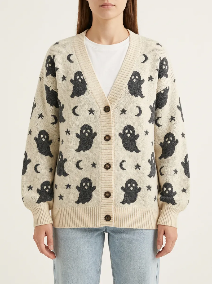 Women's Halloween Ghost Moon Star Patterned Knitted Cardigan